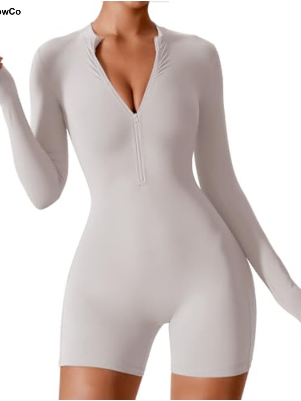Women Workout Jumpsuit Zip Up Romper Long Sleeve Tummy Control Yoga Gym Bodysuit